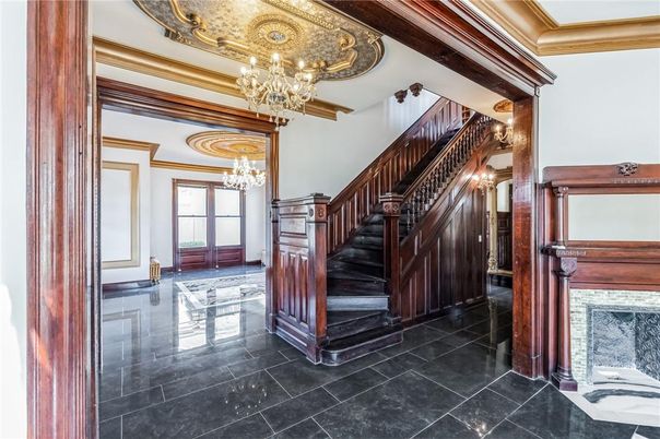 Chandelier, Fireplace, Interior