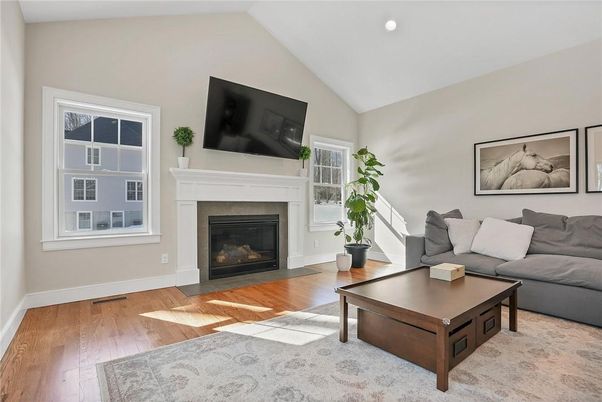 Fireplace, Interior, Living room, Recessed Lighting, Wood Texture Flooring
