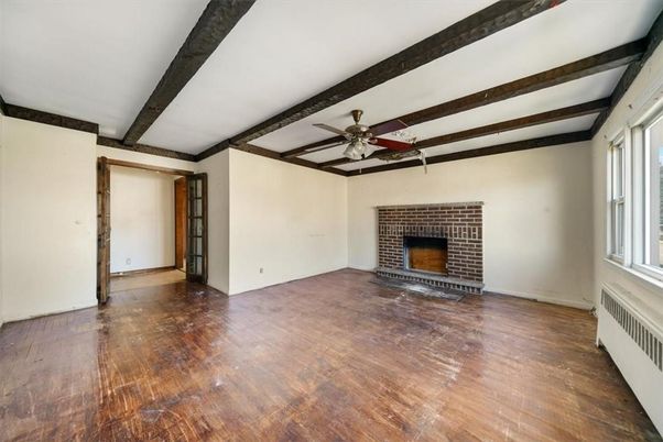 Empty room, Fireplace, Interior, Wooden Beams, Wood Texture Flooring