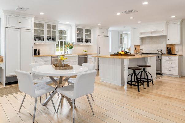 Dining room, Interior, Kitchen, Recessed Lighting, Stainless Steel Appliances, Wood Texture Flooring