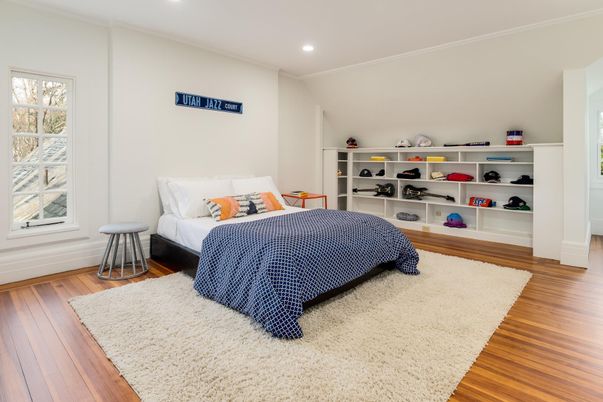 Bedroom, Interior, Recessed Lighting, Wood Texture Flooring