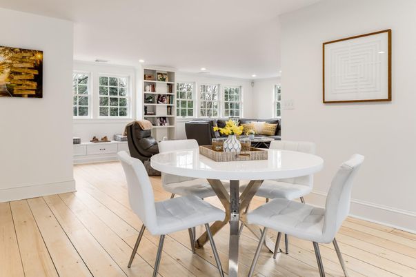 Dining room, Interior, Living room, Recessed Lighting, Wood Texture Flooring