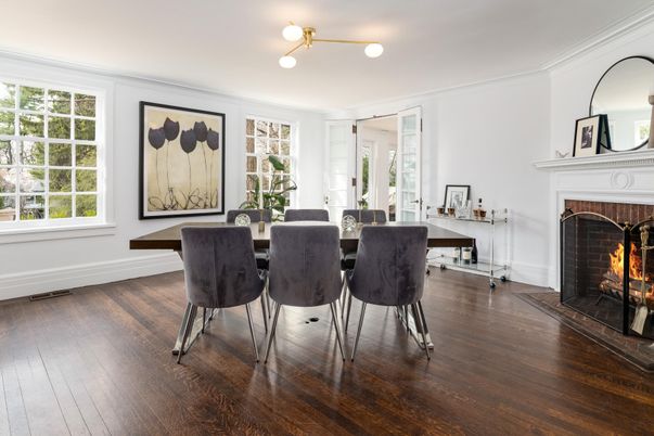 Dining room, Fireplace, Interior, Wood Texture Flooring