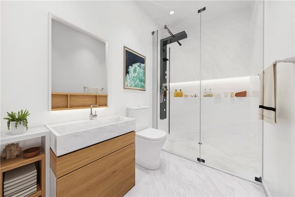 Bathroom, Glass Shower, Interior, Marble, Recessed Lighting