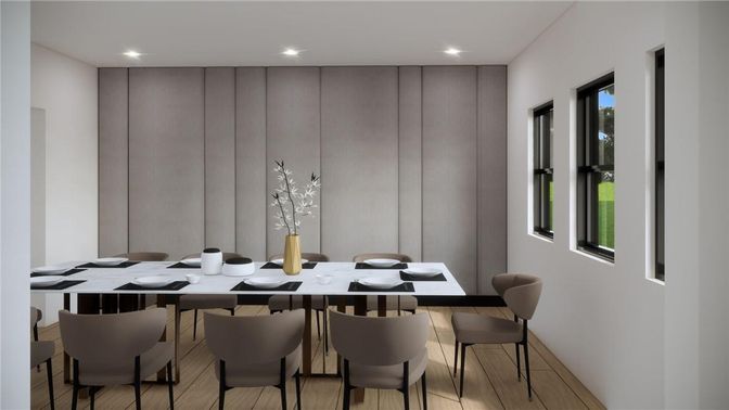 Dining room, Interior, Recessed Lighting, Wood Texture Flooring