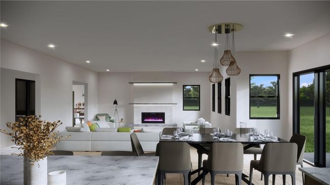 Dining room, Fireplace, Interior, Living room, Marble, Pendant Lights, Recessed Lighting