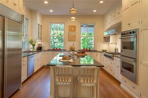 Interior, Kitchen, Pendant Lights, Recessed Lighting, Stainless Steel Appliances, Wood Texture Flooring