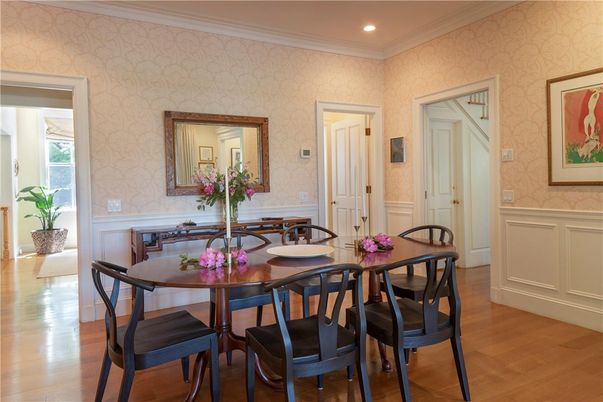 Dining room, Interior, Recessed Lighting, Wood Texture Flooring