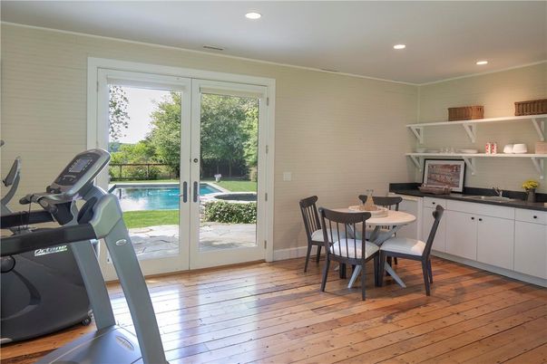 Dining room, Fitness Equipment, Interior, Recessed Lighting, Wood Texture Flooring