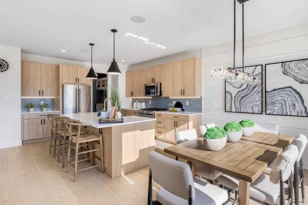 Dining room, Interior, Kitchen, Pendant Lights, Recessed Lighting, Stainless Steel Appliances, Wood Texture Flooring
