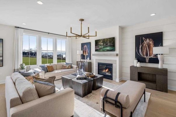 Fireplace, Interior, Living room, Pendant Lights, Recessed Lighting, Wood Texture Flooring