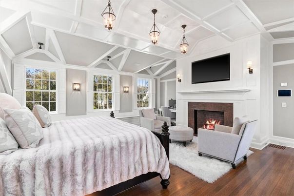 Bedroom, Fireplace, Interior, Pendant Lights, Wood Texture Flooring