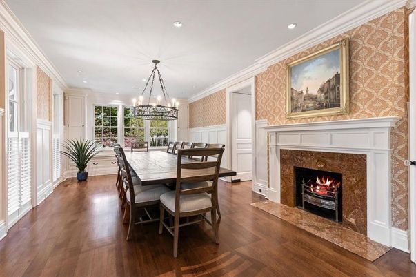 Chandelier, Dining room, Fireplace, Interior, Recessed Lighting, Wood Texture Flooring