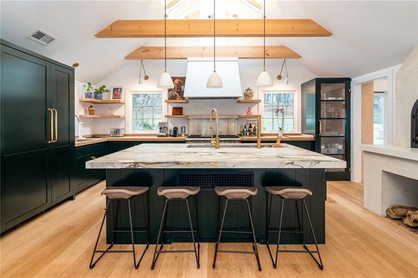 Fireplace, Interior, Kitchen, Pendant Lights, Wooden Beams, Wood Texture Flooring