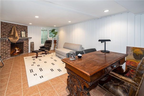 Dining room, Fireplace, Interior, Living room, Recessed Lighting, Stone Walls