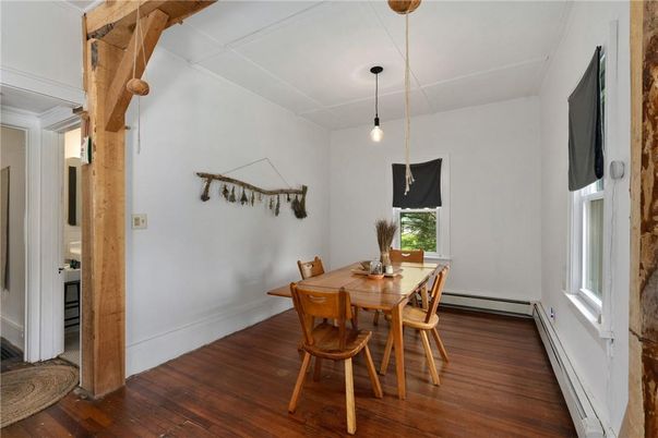 Dining room, Interior, Pendant Lights, Wood Texture Flooring