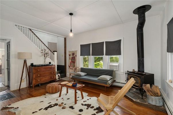 Fireplace, Interior, Living room, Pendant Lights, Wood Texture Flooring