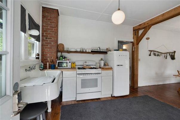 Interior, Kitchen, Pendant Lights, Stone Walls, Wood Texture Flooring