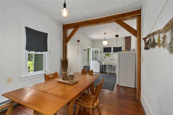 Dining room, Interior, Kitchen, Pendant Lights, Wood Texture Flooring