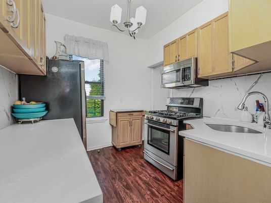 Chandelier, Interior, Kitchen, Marble Walls, Stainless Steel Appliances, Wood Texture Flooring