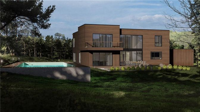 Backyard, Exterior, Facade, Pool, Modern