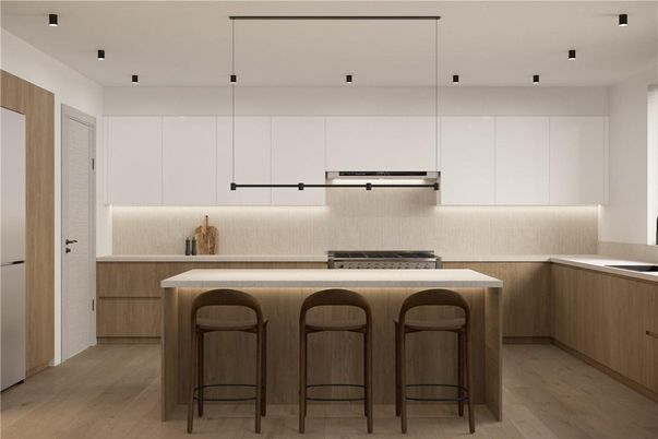 Interior, Kitchen, Recessed Lighting, Stainless Steel Appliances, Wood Texture Flooring