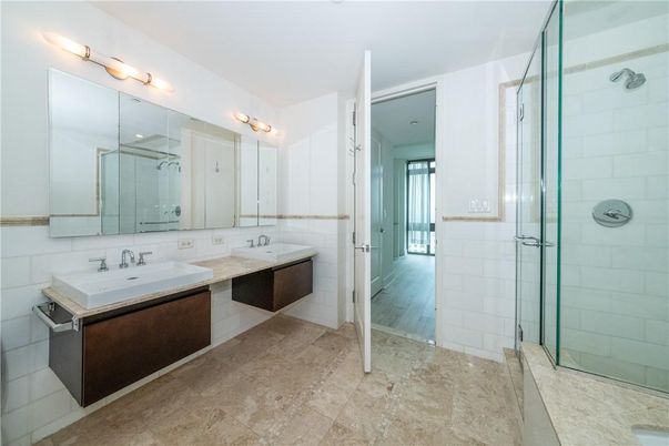 Bathroom, Dual Sink Vanities, Glass Shower, Interior, Wood Texture Flooring