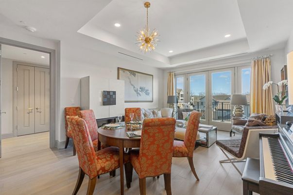 Dining room, Interior, Living room, Pendant Lights, Piano, Recessed Lighting, Wood Texture Flooring