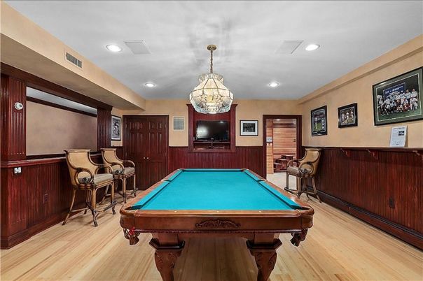Billiard Table, Chandelier, Game Room, Interior, Pendant Lights, Recessed Lighting, Wood Texture Flooring