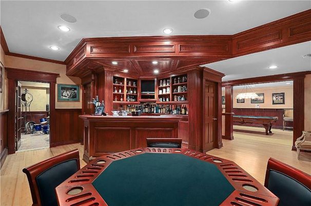 Billiard Table, Chandelier, Game Room, Interior, Recessed Lighting, Wood Texture Flooring