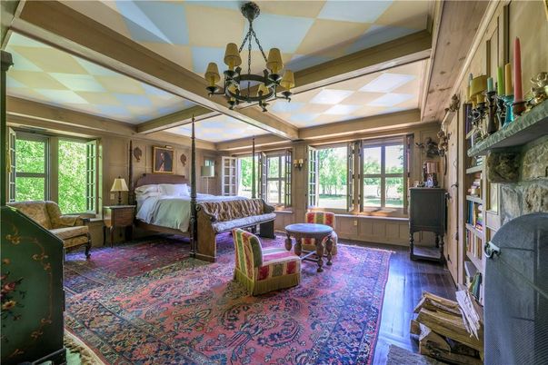 Bedroom, Chandelier, Fireplace, Interior, Wood Texture Flooring