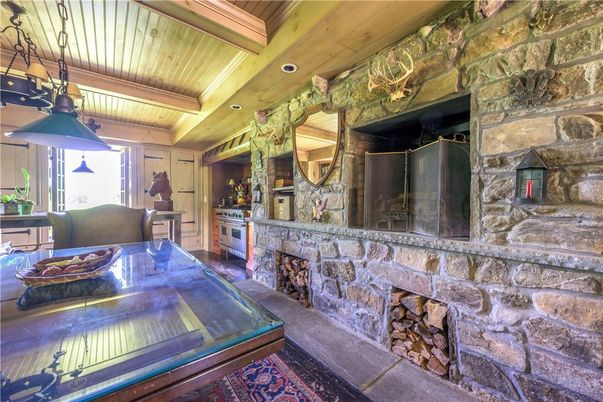 Fireplace, Interior, Pendant Lights, Recessed Lighting, Stone Walls, Wooden Beams, Wooden Ceilings