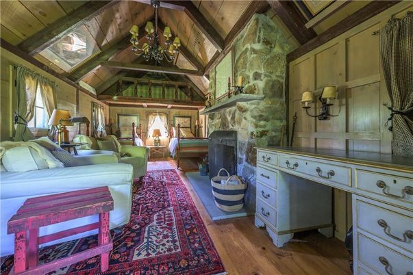 Bedroom, Chandelier, Fireplace, Interior, Wooden Beams, Wood Texture Flooring