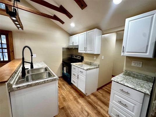 Interior, Kitchen, Recessed Lighting, Wooden Beams, Wood Texture Flooring
