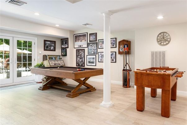 Billiard Table, Game Room, Interior, Recessed Lighting, Wood Texture Flooring