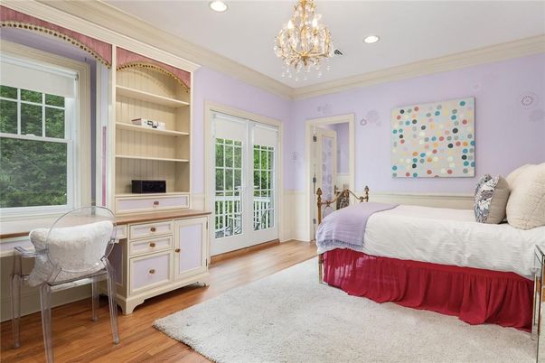 Bedroom, Chandelier, Home Office, Interior, Recessed Lighting, Wood Texture Flooring