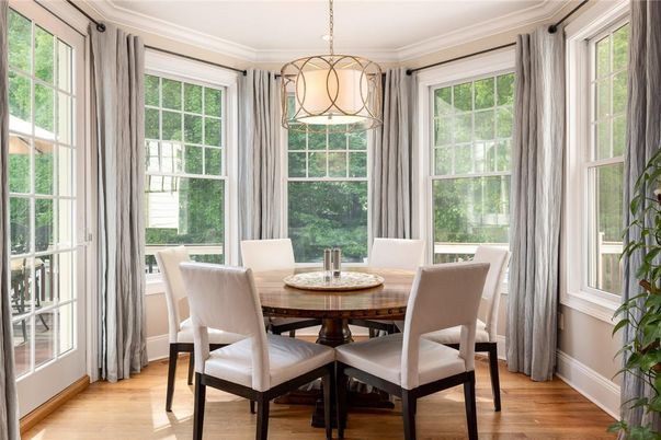 Dining room, Interior, Pendant Lights, Wood Texture Flooring