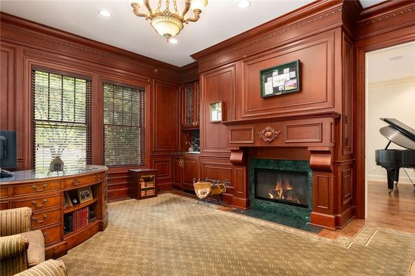Fireplace, Interior, Piano, Recessed Lighting, Wood Texture Flooring, Wooden Walls