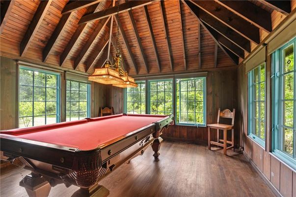 Billiard Table, Game Room, Interior, Pendant Lights, Wooden Beams, Wooden Ceilings, Wood Texture Flooring, Wooden Walls