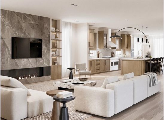 Fireplace, Interior, Kitchen, Living room, Pendant Lights, Recessed Lighting, Wood Texture Flooring