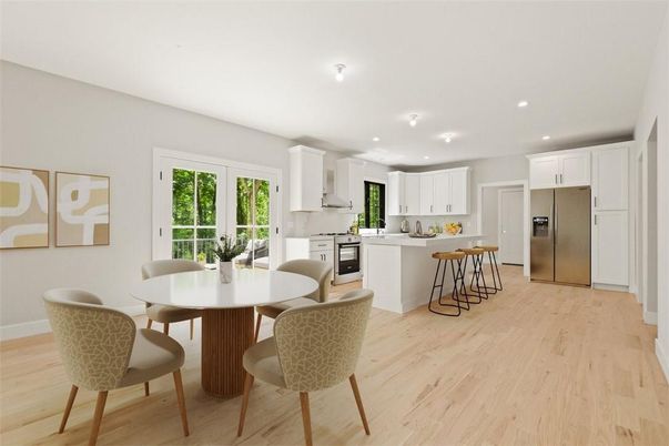 Dining room, Interior, Kitchen, Recessed Lighting, Stainless Steel Appliances, Wood Texture Flooring