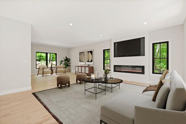 Fireplace, Interior, Living room, Recessed Lighting, Wood Texture Flooring