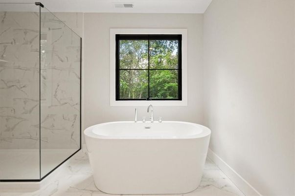Bathroom, Free Standing Baths, Glass Shower, Interior, Marble, Marble Walls