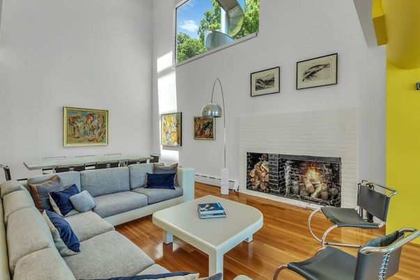 Fireplace, Interior, Living room, Pendant Lights, Wood Texture Flooring