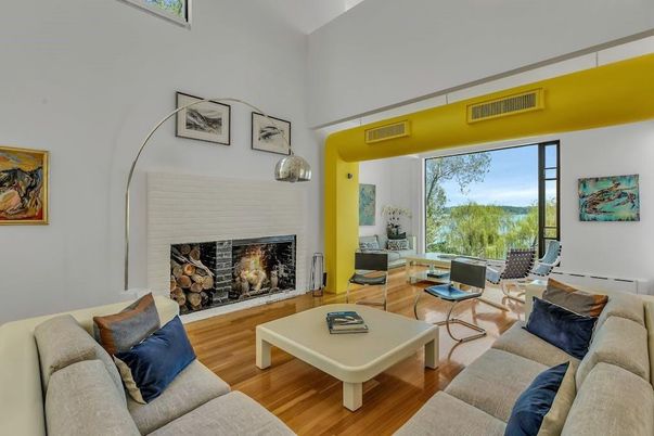 Fireplace, Interior, Living room, Pendant Lights, Wood Texture Flooring