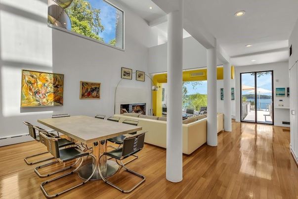 Dining room, Fireplace, Interior, Living room, Recessed Lighting, Wood Texture Flooring