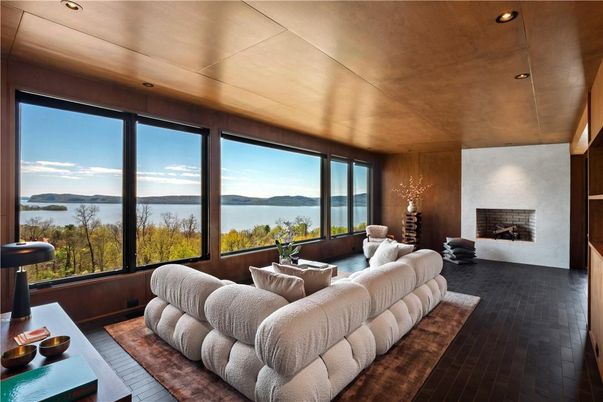 Fireplace, Interior, Living room, Recessed Lighting, Water, Wooden Ceilings, Wood Texture Flooring, Wooden Walls