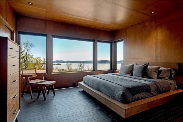 Bedroom, Interior, Recessed Lighting, Water, Wooden Ceilings, Wood Texture Flooring, Wooden Walls