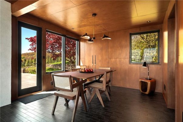 Dining room, Interior, Pendant Lights, Recessed Lighting, Wooden Ceilings, Wood Texture Flooring, Wooden Walls