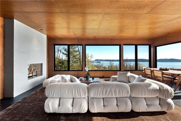 Dining room, Fireplace, Interior, Living room, Recessed Lighting, Water, Wooden Ceilings, Wood Texture Flooring, Wooden Walls